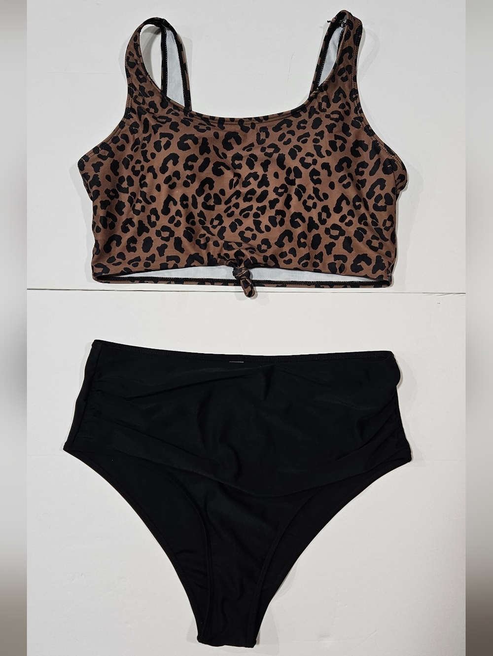 Leopard Print Brown & Black Two-Piece Women's Swim Set